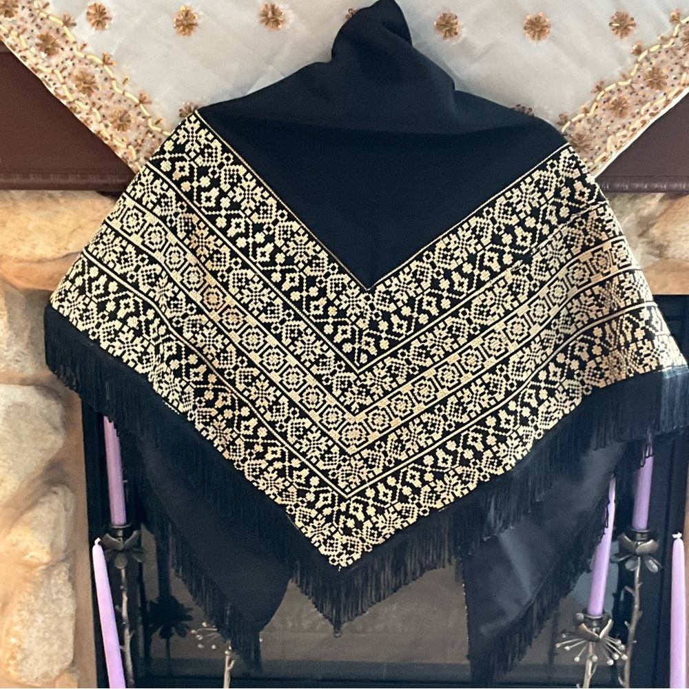Palestinian Black & Gold Embroidered Shawl with Fringe – Traditional Design